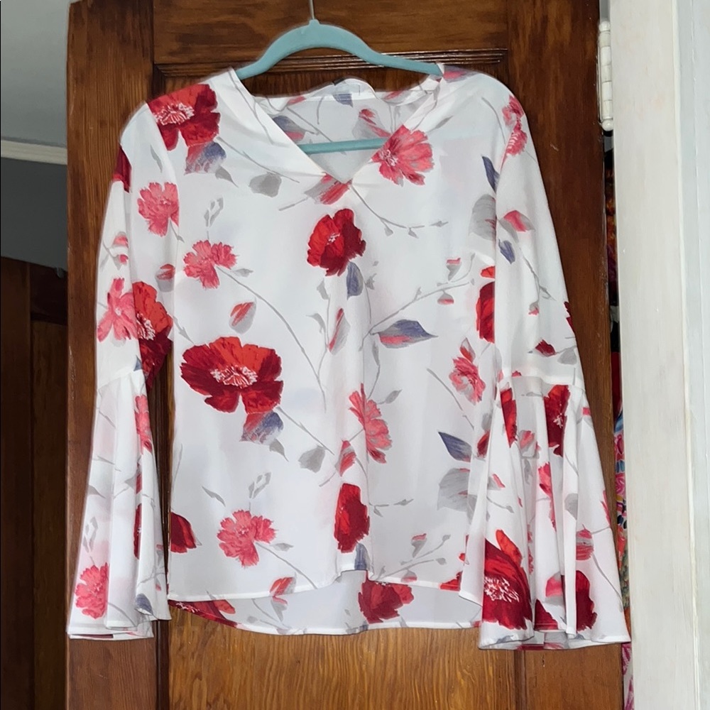 Banana Republic Floral V-Neck Bell Sleeve Top - Red and White